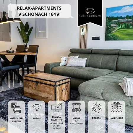 Apartment Relax-Apartments - Indoor-Pool - Sauna - Kueche - Kostenlos Parken - Balkon - Massagesessel - 85 Zoll Smart-Tv